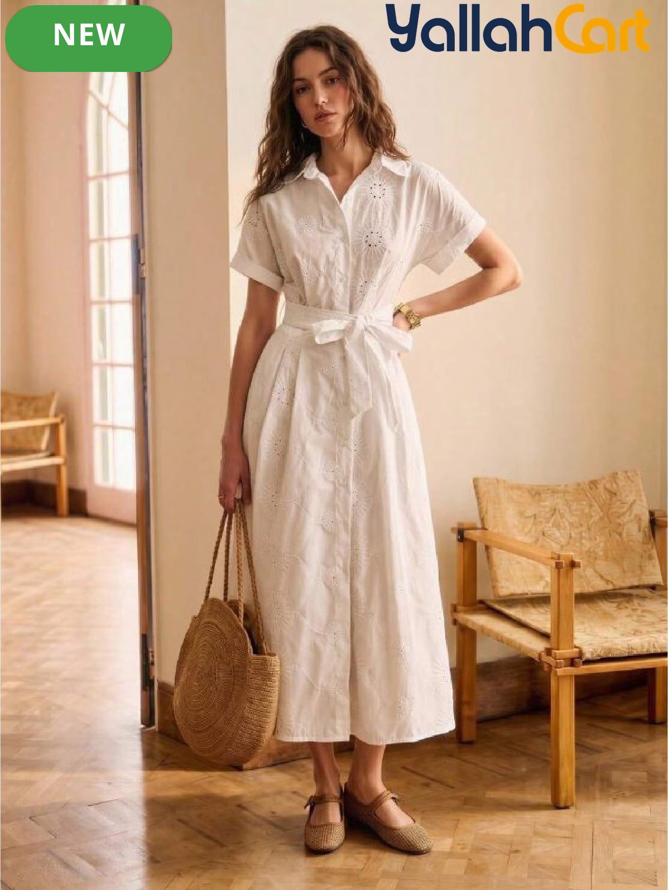 Short Sleeve Smock Dress with Front Tie