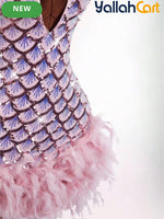 Bodycon Mini Dress with Deep Halter Neckline, Sequined & Patchwork