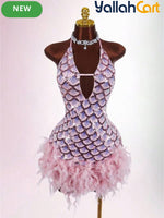 Bodycon Mini Dress with Deep Halter Neckline, Sequined & Patchwork