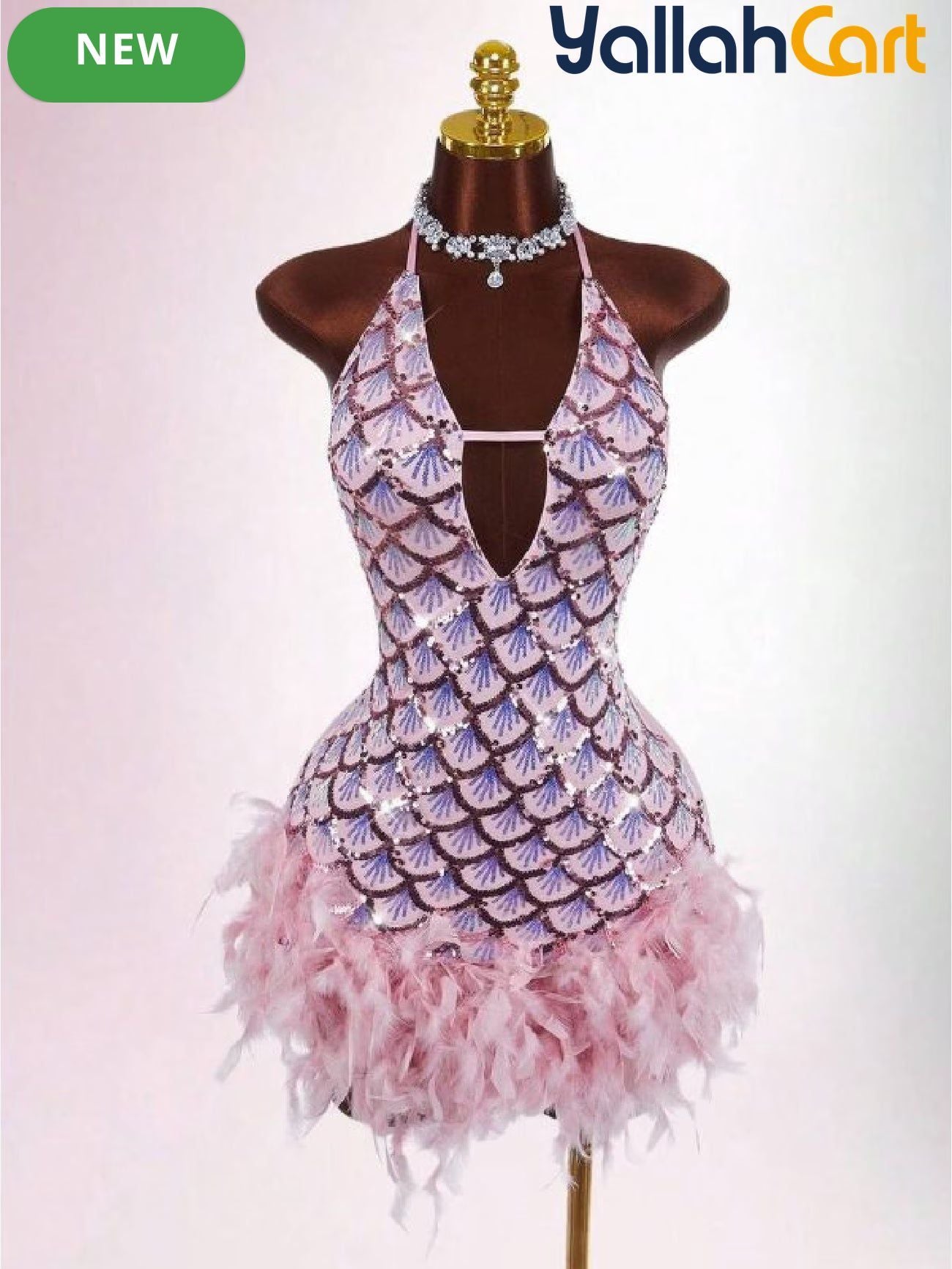 Bodycon Mini Dress with Deep Halter Neckline, Sequined & Patchwork