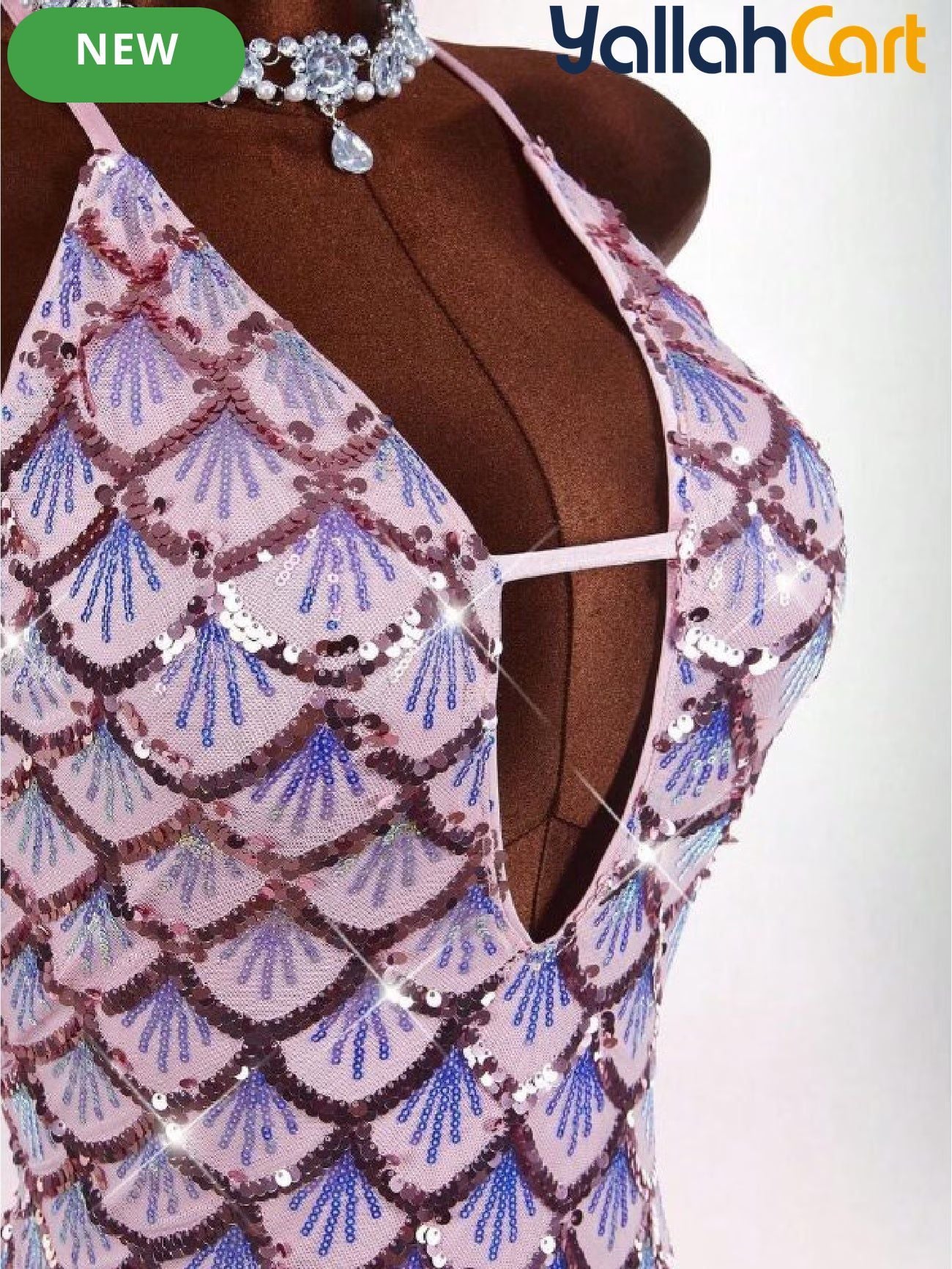 Bodycon Mini Dress with Deep Halter Neckline, Sequined & Patchwork