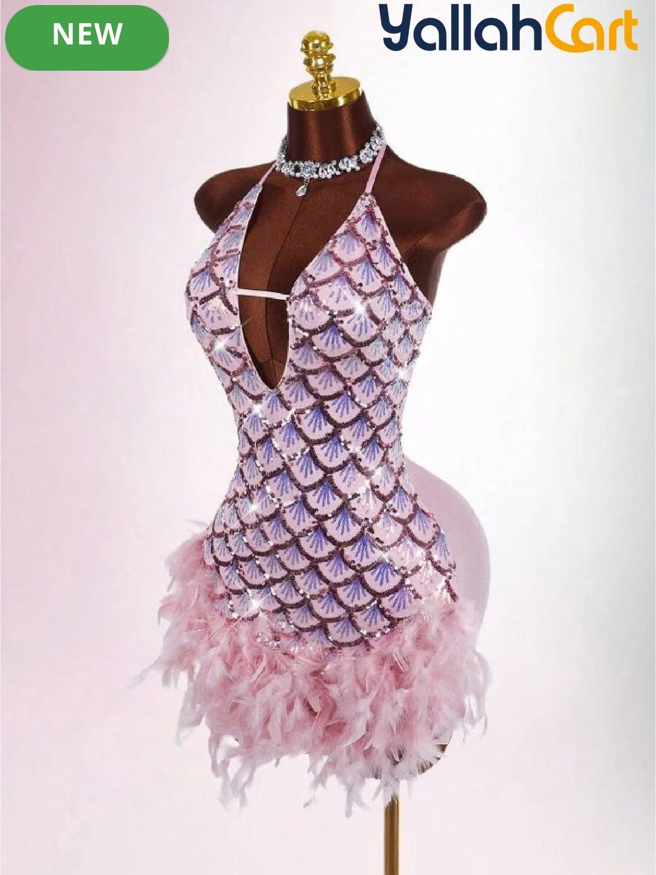 Bodycon Mini Dress with Deep Halter Neckline, Sequined & Patchwork