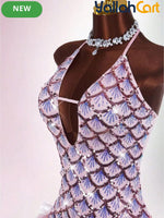 Bodycon Mini Dress with Deep Halter Neckline, Sequined & Patchwork