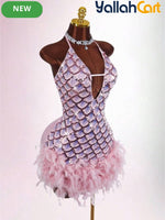 Bodycon Mini Dress with Deep Halter Neckline, Sequined & Patchwork