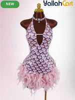 Bodycon Mini Dress with Deep Halter Neckline, Sequined & Patchwork