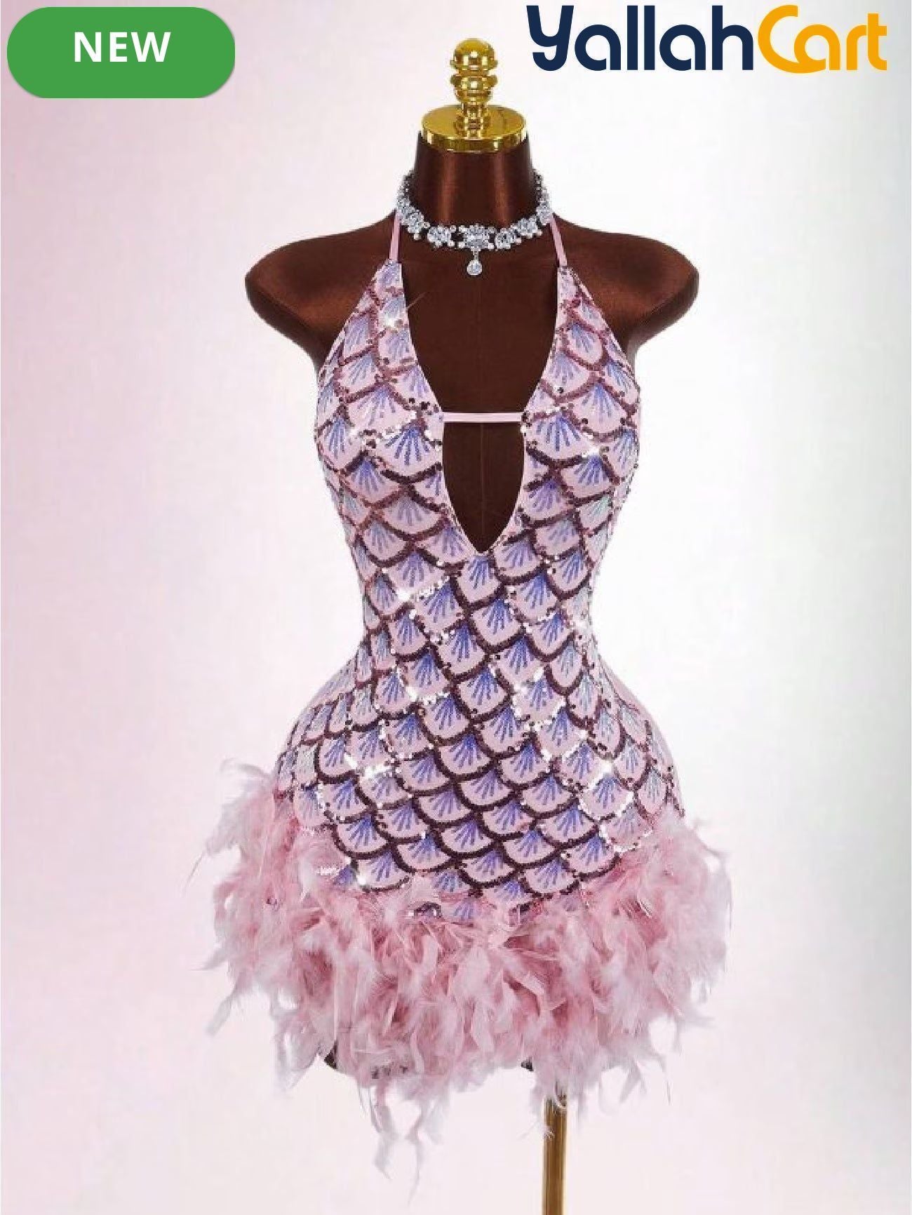 Bodycon Mini Dress with Deep Halter Neckline, Sequined & Patchwork