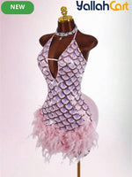 Bodycon Mini Dress with Deep Halter Neckline, Sequined & Patchwork