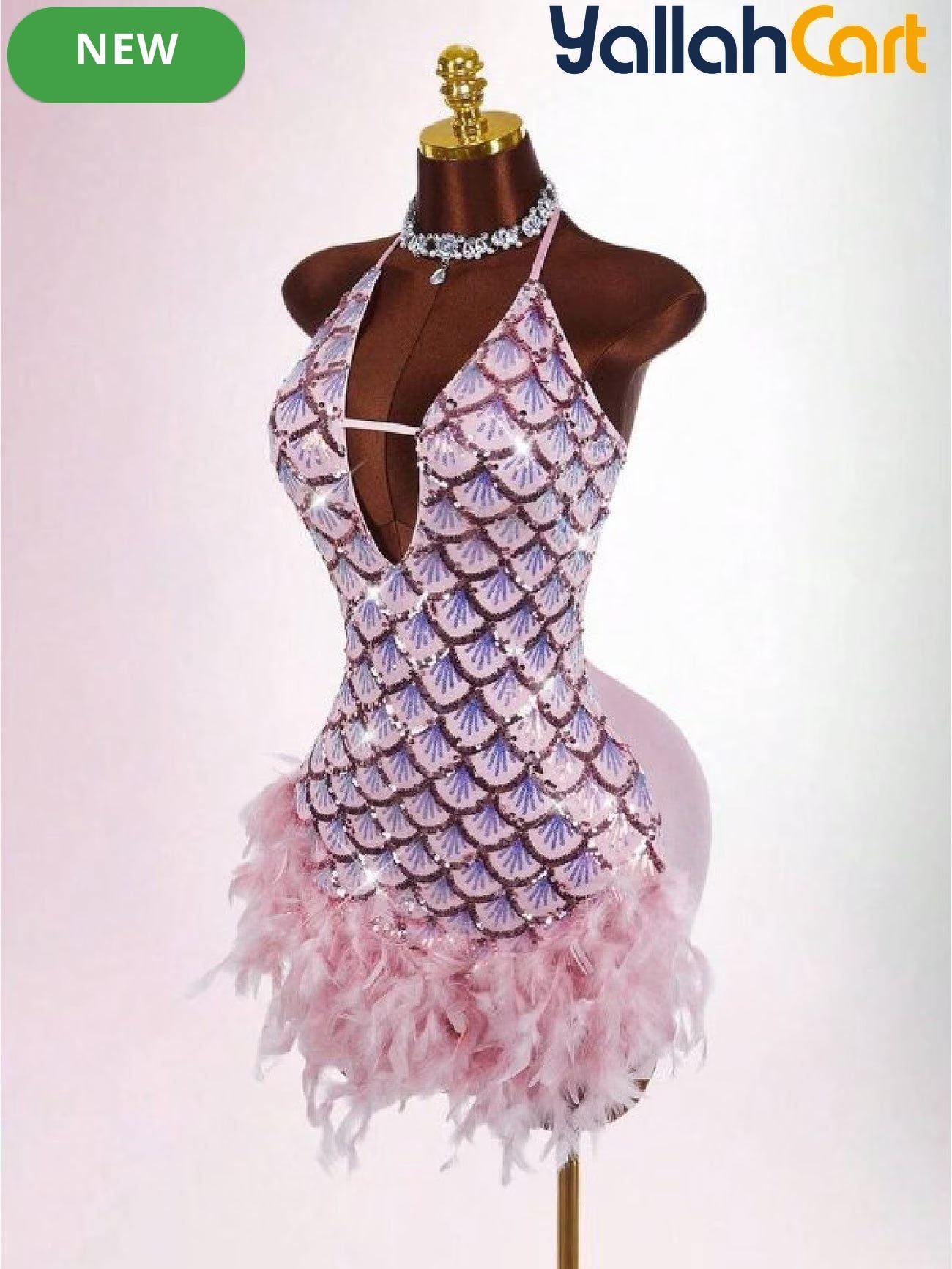 Bodycon Mini Dress with Deep Halter Neckline, Sequined & Patchwork