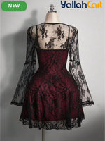 Women’s Square Neck Lace Color-Block Dress – Ruffle Shoulder Puff Sleeve Party Dress