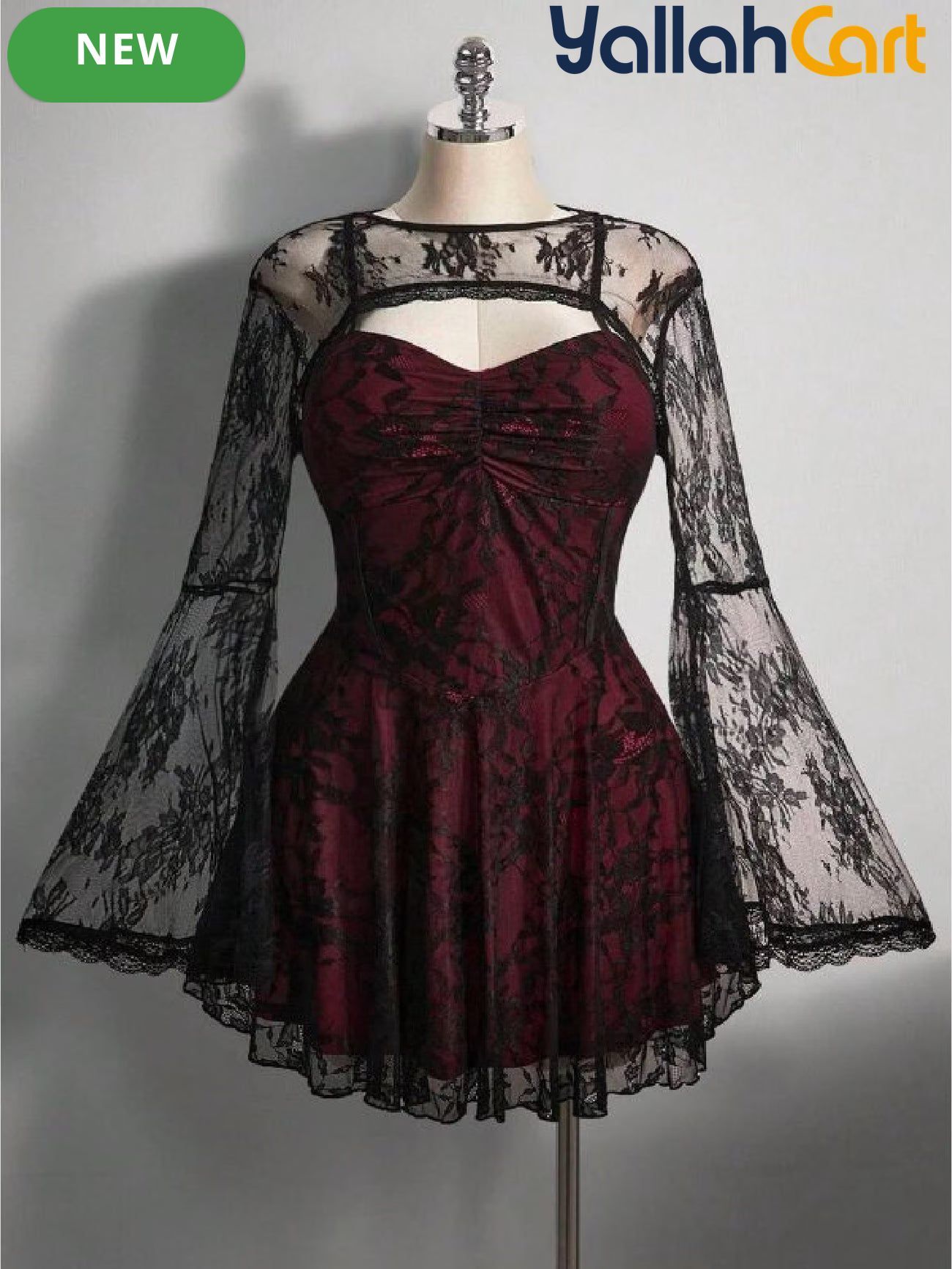 Women’s Square Neck Lace Color-Block Dress – Ruffle Shoulder Puff Sleeve Party Dress