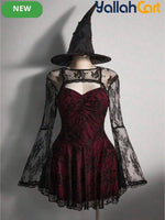 Women’s Square Neck Lace Color-Block Dress – Ruffle Shoulder Puff Sleeve Party Dress