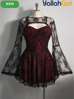 Women’s Square Neck Lace Color-Block Dress – Ruffle Shoulder Puff Sleeve Party Dress
