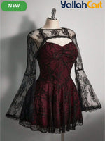 Women’s Square Neck Lace Color-Block Dress – Ruffle Shoulder Puff Sleeve Party Dress