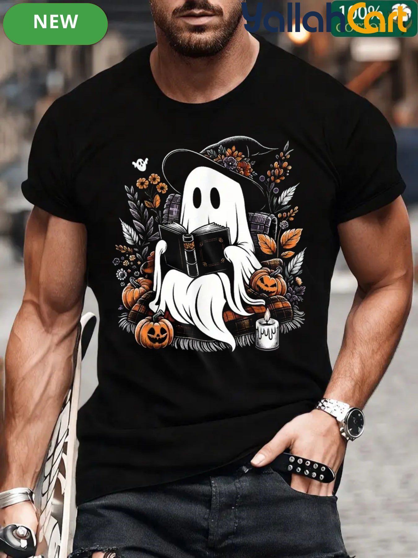 Men’s Cozy Ghost Reading Graphic Tee – 220 GSM Heavyweight Cotton Halloween T-Shirt