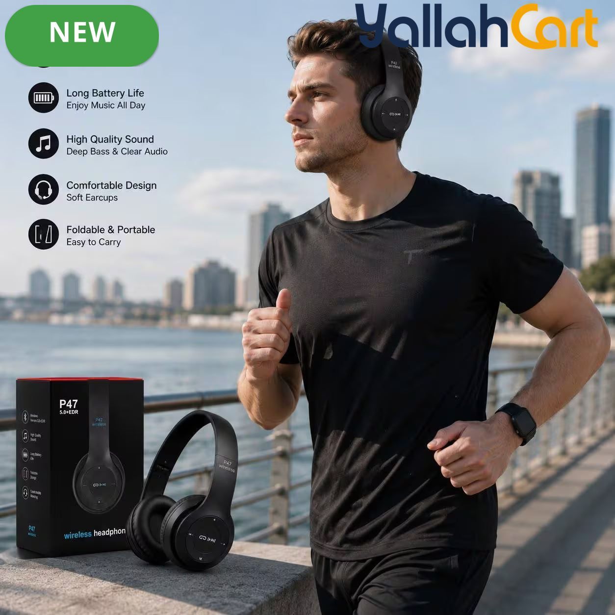 P47 Wireless Bluetooth 5.0+EDR Foldable Over-Ear Headphones – Black