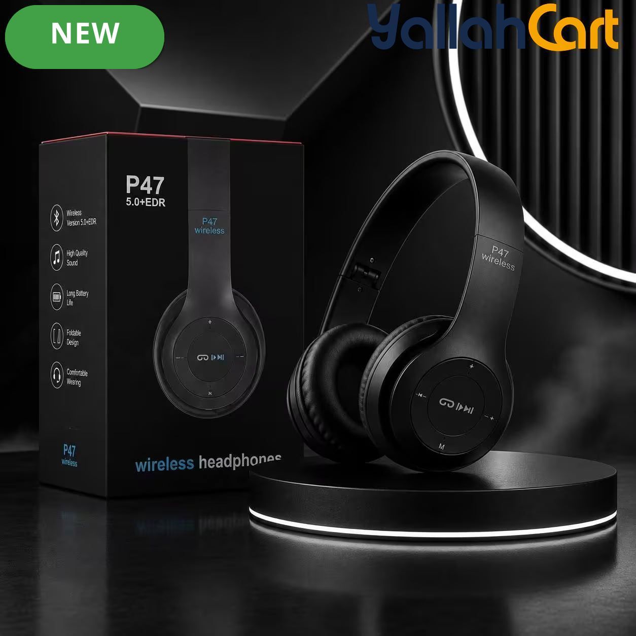 P47 Wireless Bluetooth 5.0+EDR Foldable Over-Ear Headphones – Black