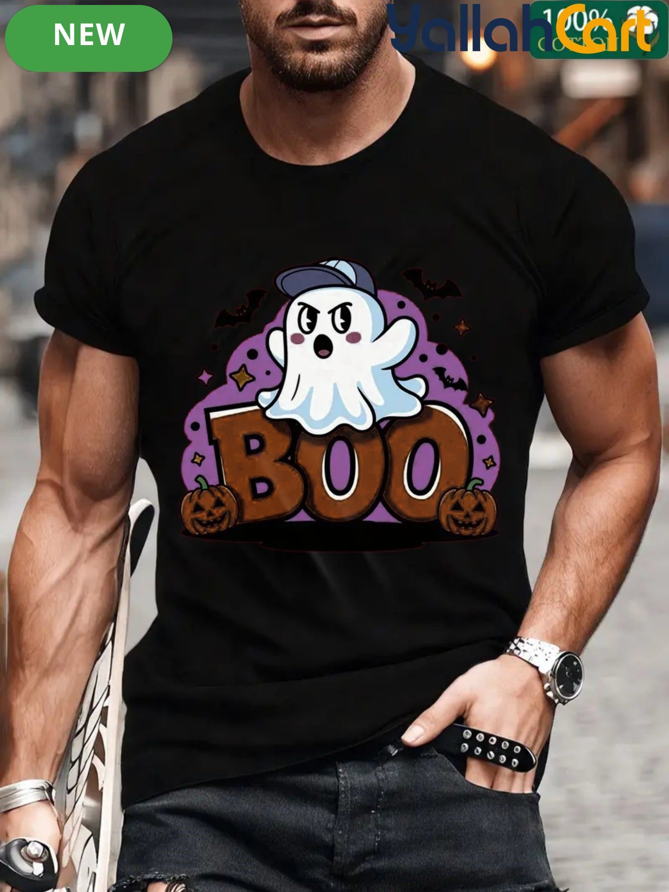 Men’s Funny "Boo" Ghost & Pumpkin Halloween Tee – 220 GSM Heavyweight Cotton Graphic T-Shirt