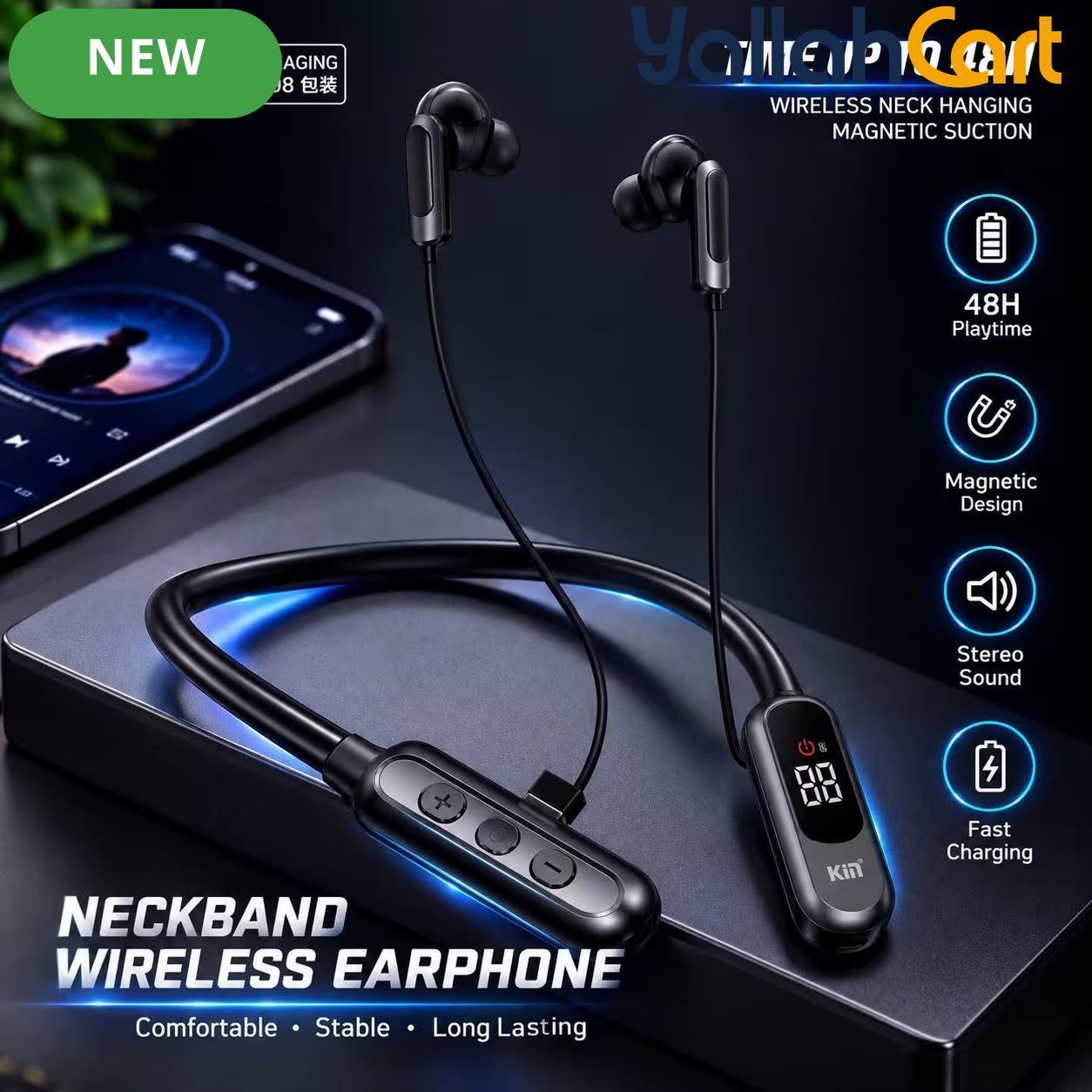 K1 Neckband Wireless Headset with In-Ear Earphones – 48H, Black