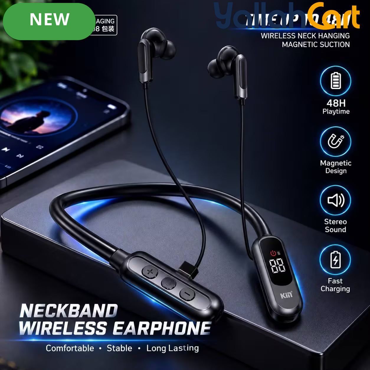 K1 Neckband Wireless Headset with In-Ear Earphones – 48H, Black