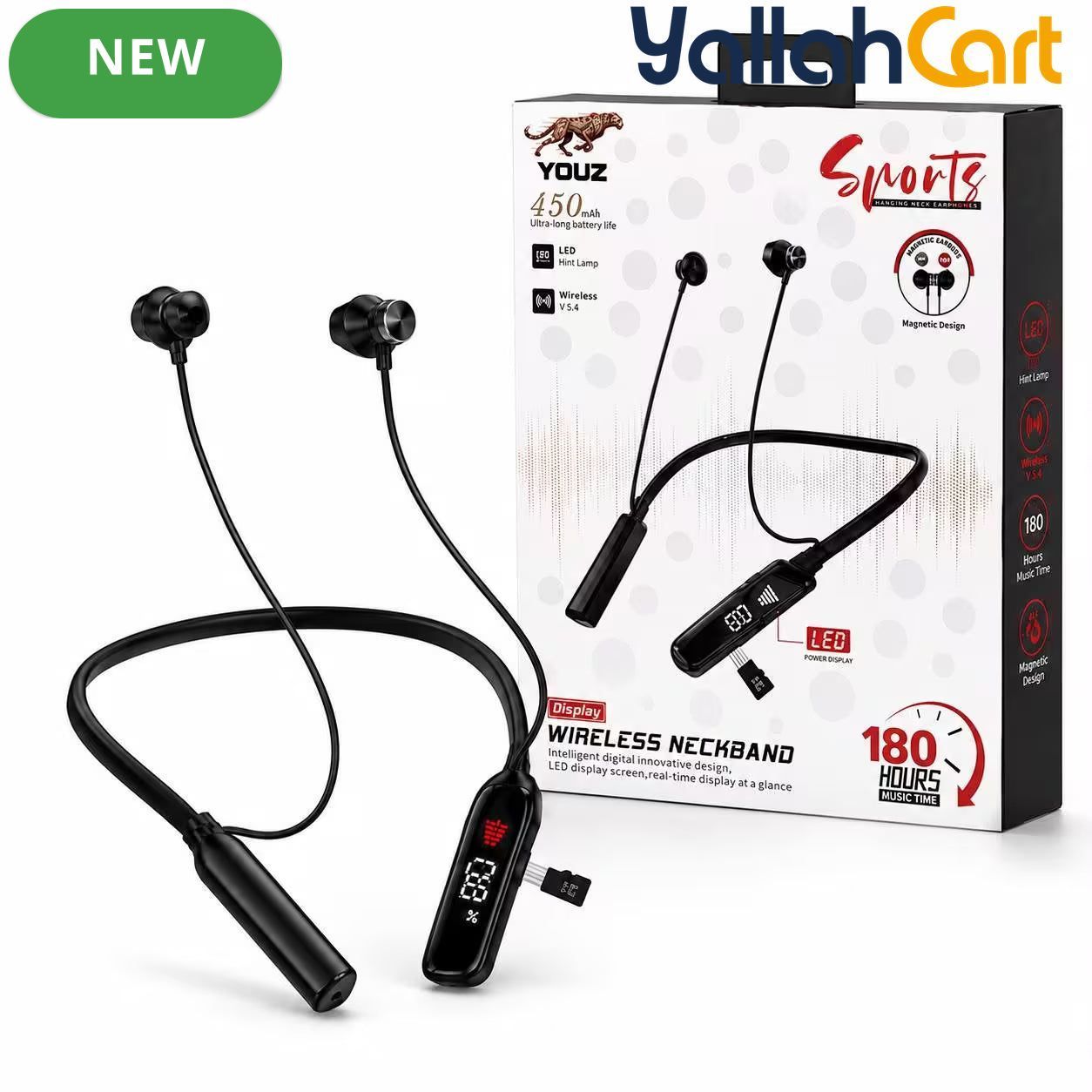 YOUZ Sports Wireless Neckband Earphones V5.4 with LED Display – Black