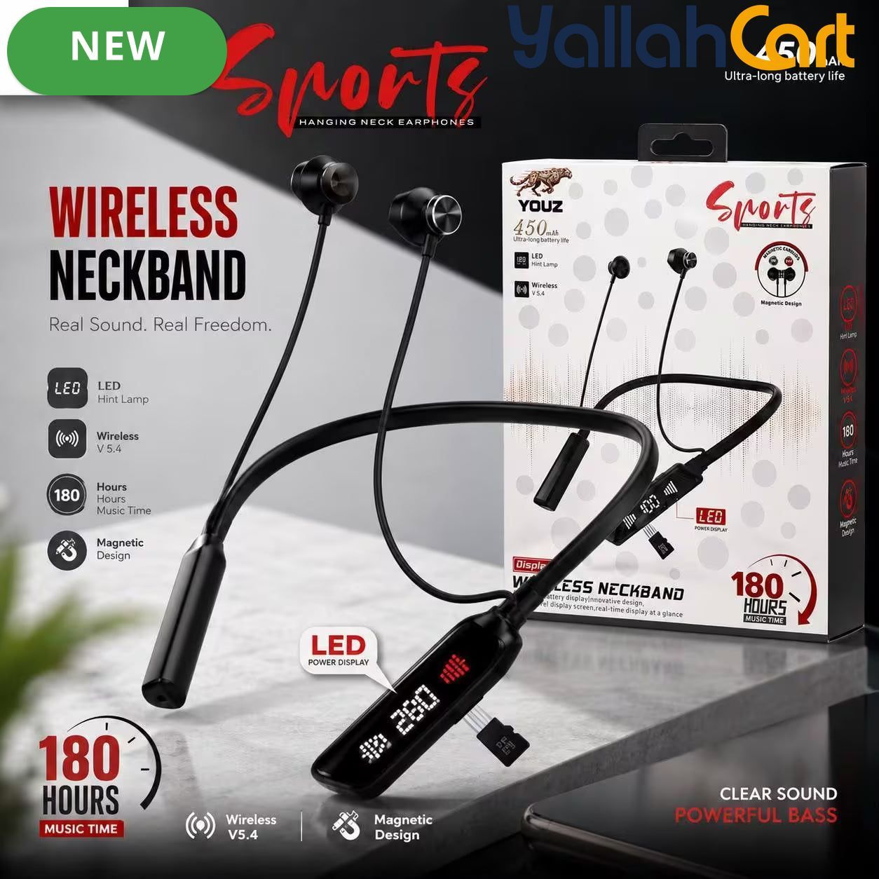YOUZ Sports Wireless Neckband Earphones V5.4 with LED Display – Black