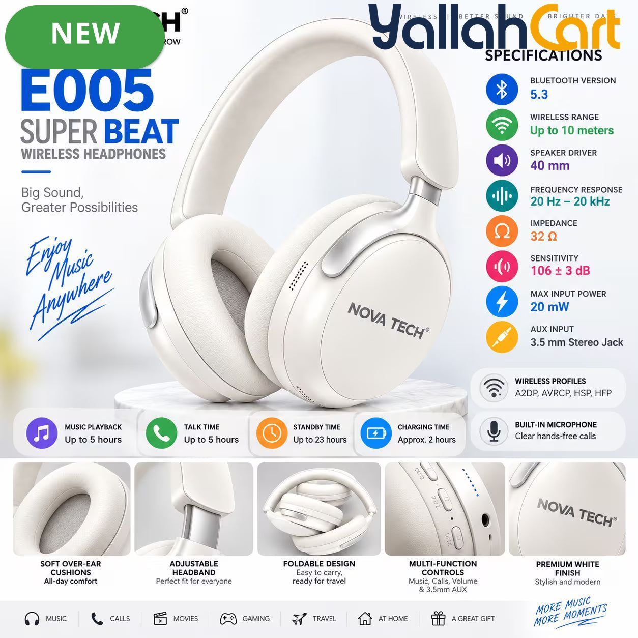 Super Beat Wireless Over-Ear Headphones – HD+ Stereo & Deep Bass
