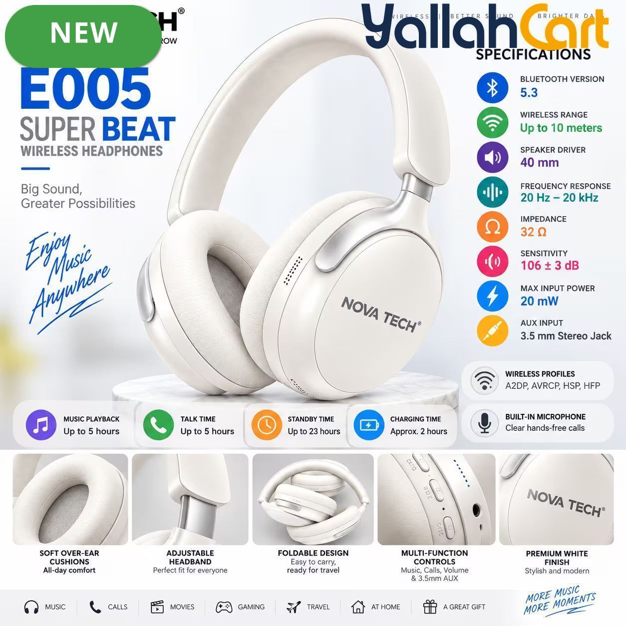 Super Beat Wireless Over-Ear Headphones – HD+ Stereo & Deep Bass