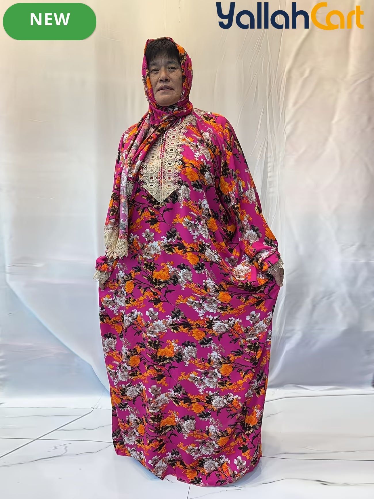 Plus Size Women’s Embroidered Lace Prayer Robe – Floral Long Dress with Lantern Sleeves