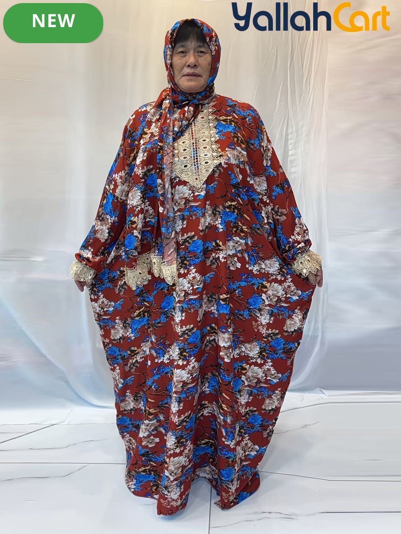 Plus Size Women’s Embroidered Lace Prayer Robe – Floral Long Dress with Lantern Sleeves