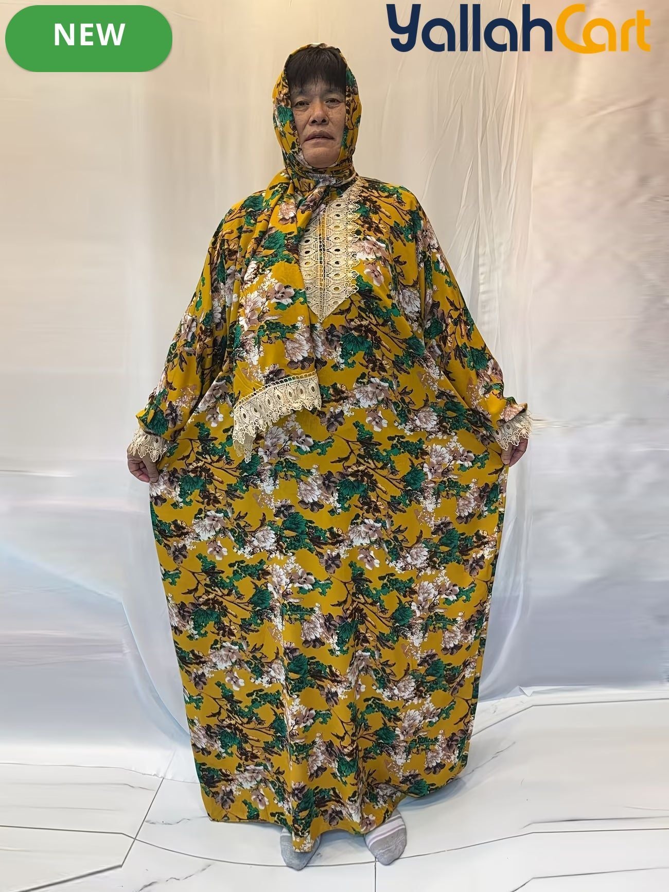 Plus Size Women’s Embroidered Lace Prayer Robe – Floral Long Dress with Lantern Sleeves
