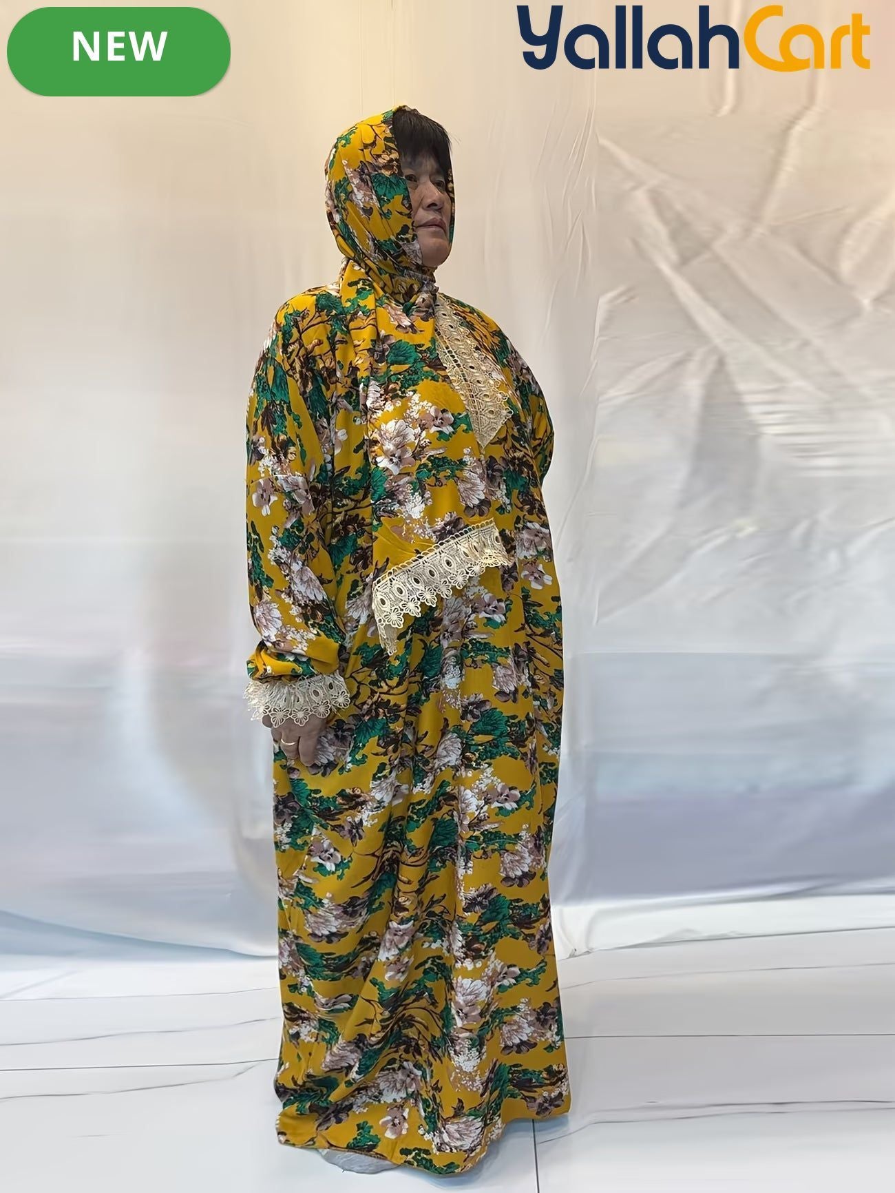 Plus Size Women’s Embroidered Lace Prayer Robe – Floral Long Dress with Lantern Sleeves