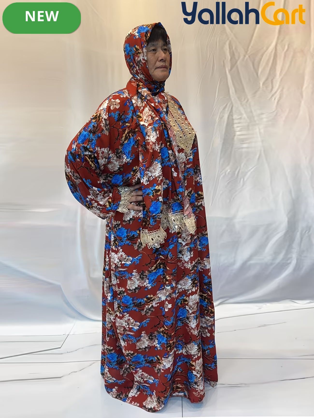 Plus Size Women’s Embroidered Lace Prayer Robe – Floral Long Dress with Lantern Sleeves