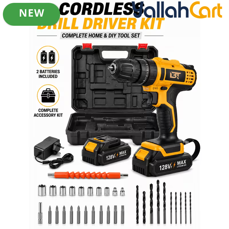 Cordless Drill Driver Kit - Yellow/Black, 2 Rechargeable Batteries, 20+1 Torque Settings, Hammer & Drill Modes, LED Work Light, Keyless Chuck, Carry Case And Accessories
