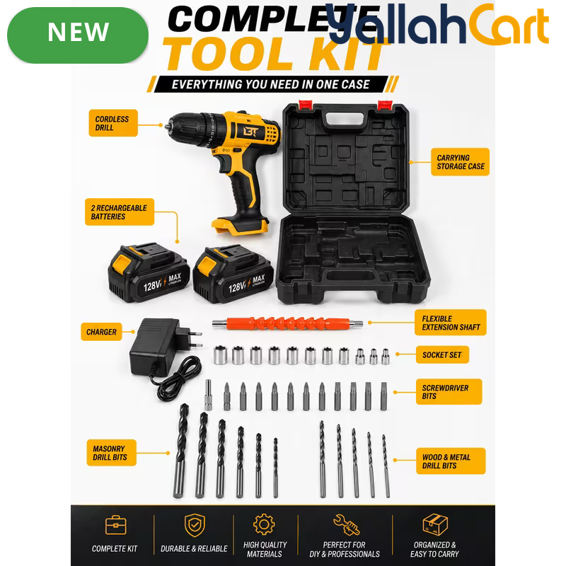 Cordless Drill Driver Kit - Yellow/Black, 2 Rechargeable Batteries, 20+1 Torque Settings, Hammer & Drill Modes, LED Work Light, Keyless Chuck, Carry Case And Accessories