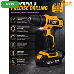 Cordless Drill Driver Kit - Yellow/Black, 2 Rechargeable Batteries, 20+1 Torque Settings, Hammer & Drill Modes, LED Work Light, Keyless Chuck, Carry Case And Accessories