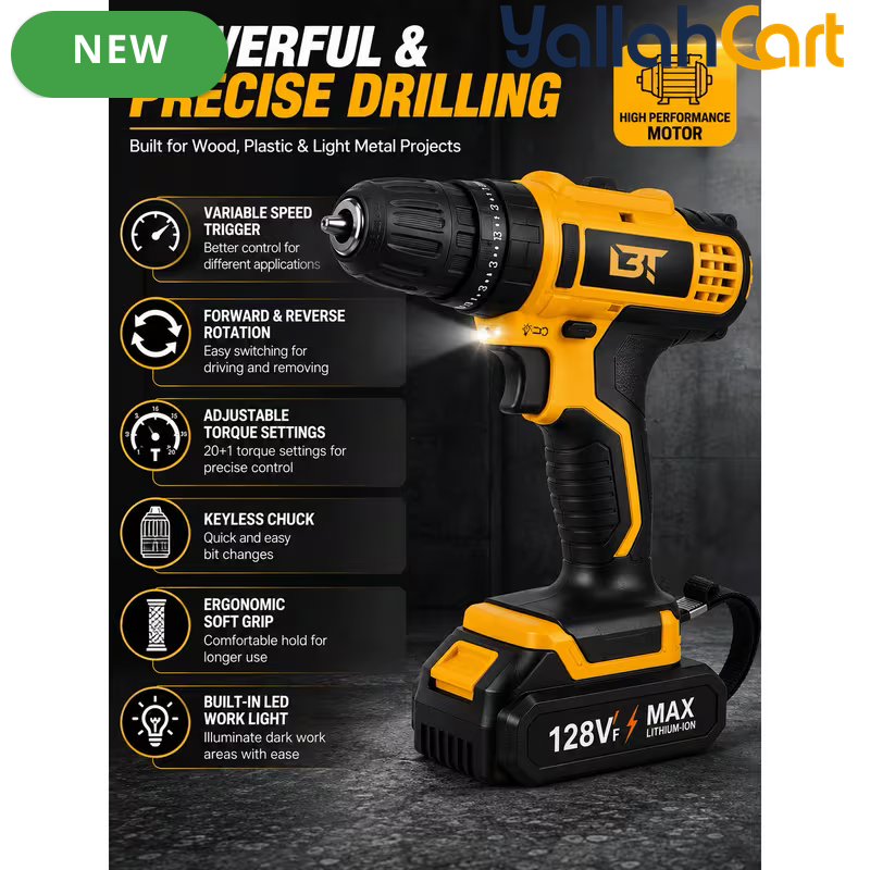 Cordless Drill Driver Kit - Yellow/Black, 2 Rechargeable Batteries, 20+1 Torque Settings, Hammer & Drill Modes, LED Work Light, Keyless Chuck, Carry Case And Accessories