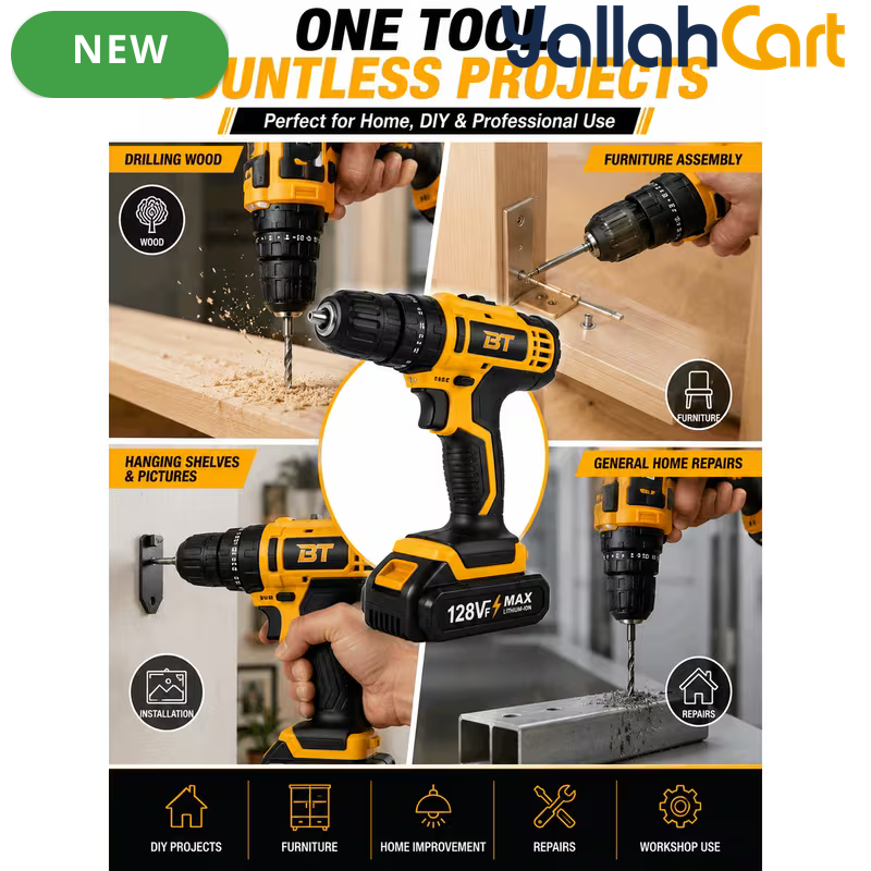 Cordless Drill Driver Kit - Yellow/Black, 2 Rechargeable Batteries, 20+1 Torque Settings, Hammer & Drill Modes, LED Work Light, Keyless Chuck, Carry Case And Accessories