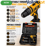 Cordless Drill Driver Kit - Yellow/Black, 2 Rechargeable Batteries, 20+1 Torque Settings, Hammer & Drill Modes, LED Work Light, Keyless Chuck, Carry Case And Accessories