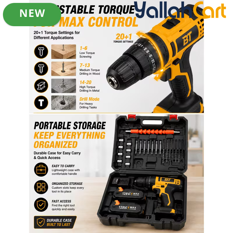 Cordless Drill Driver Kit - Yellow/Black, 2 Rechargeable Batteries, 20+1 Torque Settings, Hammer & Drill Modes, LED Work Light, Keyless Chuck, Carry Case And Accessories