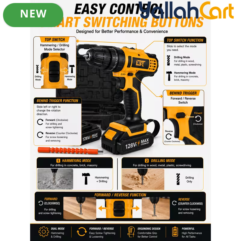 Cordless Drill Driver Kit - Yellow/Black, 2 Rechargeable Batteries, 20+1 Torque Settings, Hammer & Drill Modes, LED Work Light, Keyless Chuck, Carry Case And Accessories