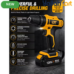 Cordless Drill Driver Kit - Yellow/Black, 2 Rechargeable Batteries, 20+1 Torque Settings, Hammer & Drill Modes, LED Work Light, Keyless Chuck, Carry Case And Accessories