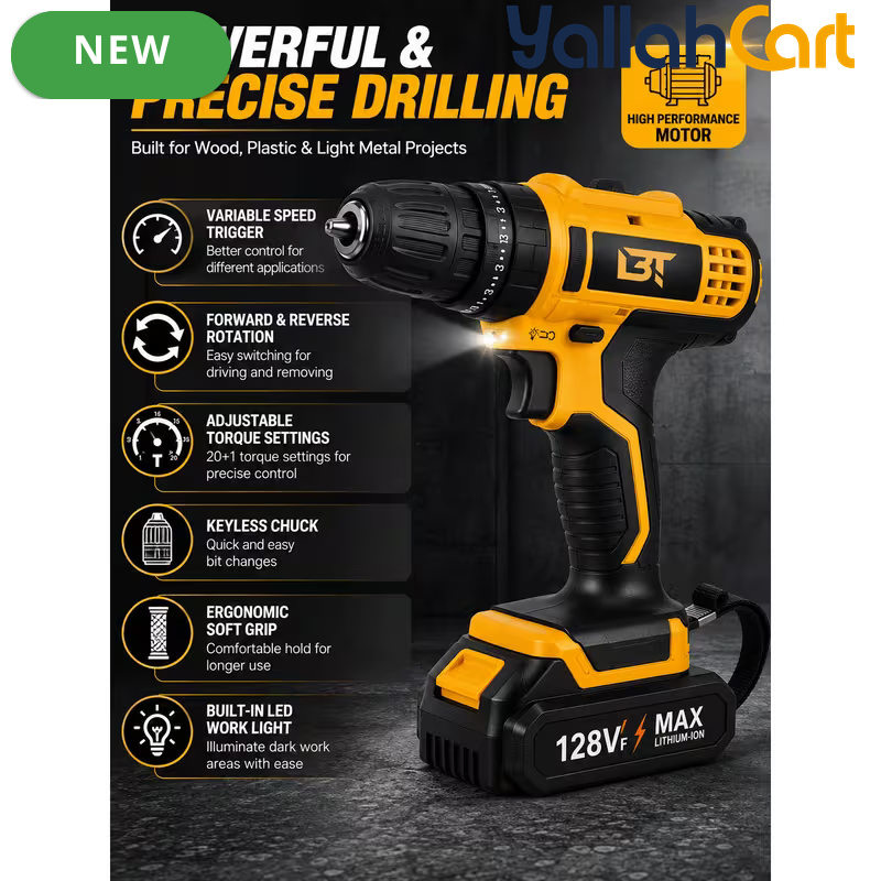 Cordless Drill Driver Kit - Yellow/Black, 2 Rechargeable Batteries, 20+1 Torque Settings, Hammer & Drill Modes, LED Work Light, Keyless Chuck, Carry Case And Accessories