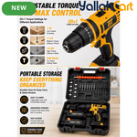 Cordless Drill Driver Kit - Yellow/Black, 2 Rechargeable Batteries, 20+1 Torque Settings, Hammer & Drill Modes, LED Work Light, Keyless Chuck, Carry Case And Accessories