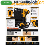 Cordless Drill Driver Kit - Yellow/Black, 2 Rechargeable Batteries, 20+1 Torque Settings, Hammer & Drill Modes, LED Work Light, Keyless Chuck, Carry Case And Accessories