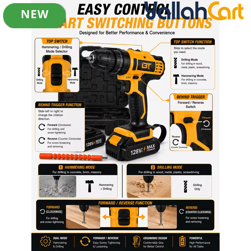 Cordless Drill Driver Kit - Yellow/Black, 2 Rechargeable Batteries, 20+1 Torque Settings, Hammer & Drill Modes, LED Work Light, Keyless Chuck, Carry Case And Accessories