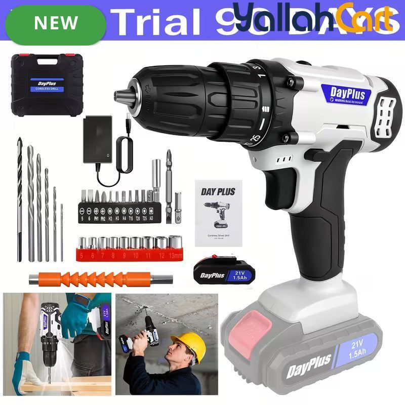 21V Electric Drill - Black/White, 1500mAh Lithium-Ion Impact Drill, 25+1 Torque Settings, 45MN Torque, 0-400/1400RPM Dual Speed, LED Light, 30pcs Drill Bit Set, Multifunctional Cordless Drill for Wood, Metal, Tile & Wall