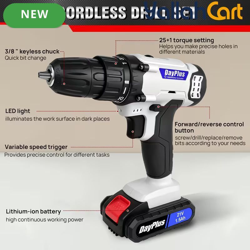 21V Electric Drill - Black/White, 1500mAh Lithium-Ion Impact Drill, 25+1 Torque Settings, 45MN Torque, 0-400/1400RPM Dual Speed, LED Light, 30pcs Drill Bit Set, Multifunctional Cordless Drill for Wood, Metal, Tile & Wall