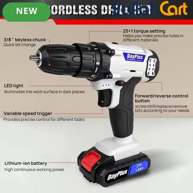 21V Electric Drill - Black/White, 1500mAh Lithium-Ion Impact Drill, 25+1 Torque Settings, 45MN Torque, 0-400/1400RPM Dual Speed, LED Light, 30pcs Drill Bit Set, Multifunctional Cordless Drill for Wood, Metal, Tile & Wall