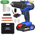 Cordless Electric Power Drill Driver Set - Blue/Black, 1/2 Batteries, 3/8 Inch Keyless Chuck, 25+1 Torque Settings, 45N.m Max Torque, LED Light, 2-Speed Combi Hammer Screwdriver Kit, 26 Bits, Kitbox for DIY