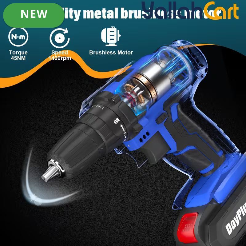 Cordless Electric Power Drill Driver Set - Blue/Black, 1/2 Batteries, 3/8 Inch Keyless Chuck, 25+1 Torque Settings, 45N.m Max Torque, LED Light, 2-Speed Combi Hammer Screwdriver Kit, 26 Bits, Kitbox for DIY
